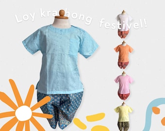 Set of Thai Traditional vintage cotton Shirt with Pants For Kids (Size: SS-XXL)