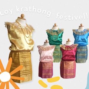 Set of Thai Traditional Vintage Silk Satin Shirt with Skirt For Kids Girl