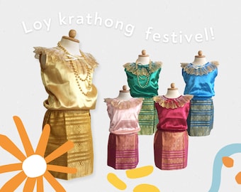 Set of Thai Traditional Vintage Silk Satin Shirt with Skirt For Kids Girl