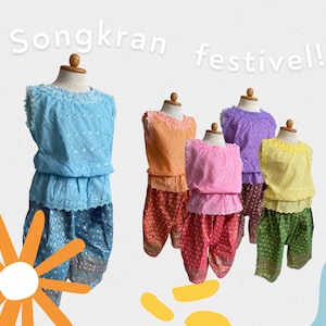 Set of Thai Traditional lace cotton Shirt with pants for Girl Kids (Size: M-XXL)
