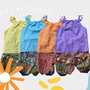 Set of Thai Traditional vintage cotton sleeveless shirt with pants For Kids (ages 2-3 )