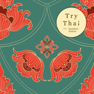 May include: Seamless pattern with a teal background and repeating floral designs in red and brown. The design includes a circular element with the text "Try Thai - Seamless Pattern".