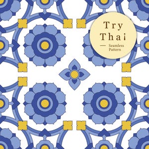 May include: Seamless pattern with a floral design in shades of blue, yellow, and white. The pattern features stylized flowers and geometric shapes. The text "Try Thai - Seamless Pattern" is in a yellow circle.