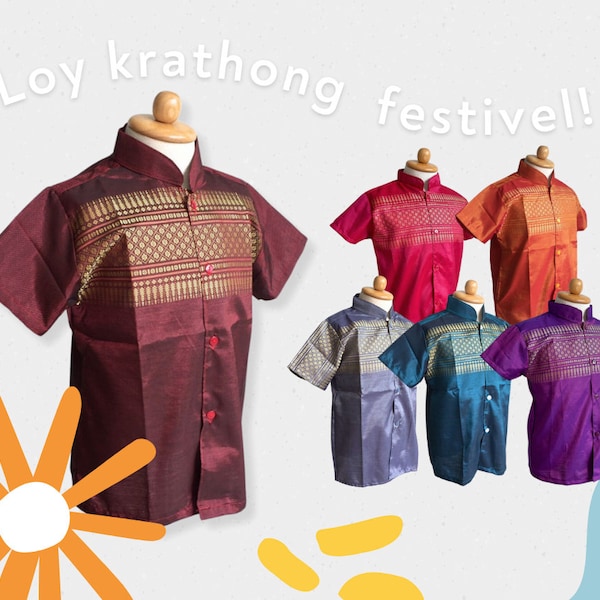 Thai Traditionelles Vintage Jungen-Shirt für Kinder (Größe: SS-XXL)