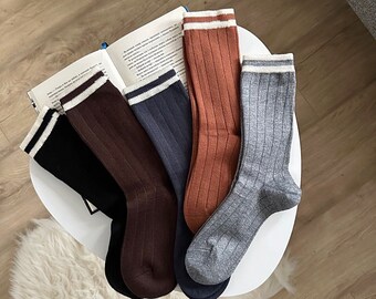 Cashmere Ribbed Socks, Set Wool Socks with Stripes, Warm Socks, Crew Socks