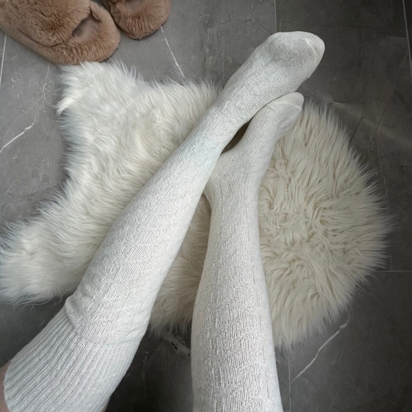 Chaussettes en laine, chaussettes aux genoux, chaussettes Angora, chaussettes hautes chaudes, chaussettes couleur lait, chaussettes confortables