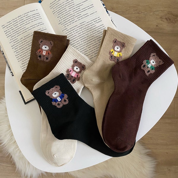 Teddy Bear Socks, Women Cotton Socks, Bear Socks, Set of Socks, Daily Socks, Ankle Socks