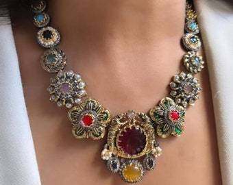 Royal Sabyasachi kundan polki Neckless Sabyasachi choker Navratana Neckless set bollywood jewelry Indian choker Indian wedding set