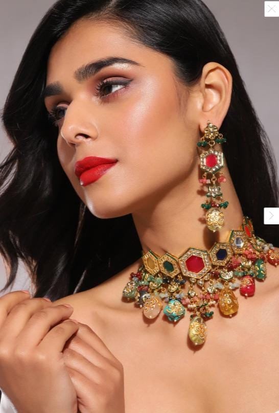 Gold-Plated Multicolored Kundan-Studded & Beaded Jewellery Set. Neckless Sabyasachi choker Navratana Neckless set bollywood jewelry Indian .