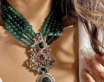 Sabyasachi Inspired Emerald Green Ruby Red Multi Sapphire Zirconium Diamond Choker Necklace With Earrings Statement Jewelry Indian Jewelry