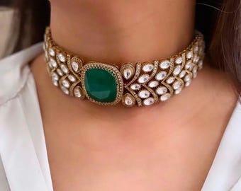 Victorian Choker Indian Jewelry Sabyasachi Necklace Emerald Indian Choker Punjabi Necklace Bollywood Jewelry Doublet Emerald Gold Sabyasachi