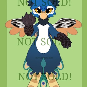 May include: A blue and white peacock-like creature with black and white striped wings and a brown and black spotted body. The creature has a yellow beak and yellow eyes. The text "NOT SOLD!" appears three times in the image.