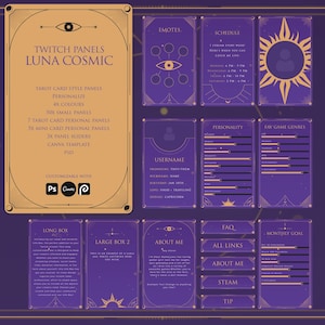 Panneaux Twitch Luna cosmic - Entièrement personnalisables, panneaux de flux style cartes de tarot violet, curseurs, toile, Photopea