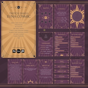 Panneaux Twitch cosmiques Luna - Entièrement personnalisables, panneaux de style cartes de tarot rouge bordeaux, curseurs, toile, Photopea