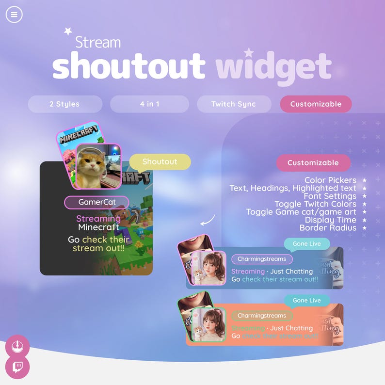 May include: A digital graphic promoting a "Stream Shoutout Widget" with customizable features. The design includes examples with streamer profiles, Minecraft game art, and text options. The color scheme is purple and pink.