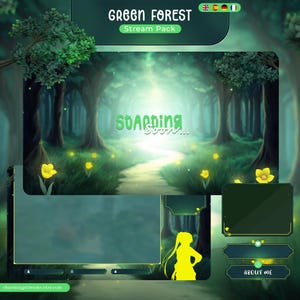 Green Forest Stream Pack For Twitch - Magical Enchanted Forest Overlay, Vtuber, Aesthetic Pink, Cozy,Forest, Woods, Animated, Multi Language