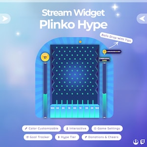 May include: A digital graphic for a "Stream Widget Plinko Hype" game. The design features a blue and purple color scheme with a grid of dots, a level indicator, and text that reads "Balls Drop With Tips" and "Cheer Goal 2,000". Additional text includes "Color Customizable" and "Interactive".