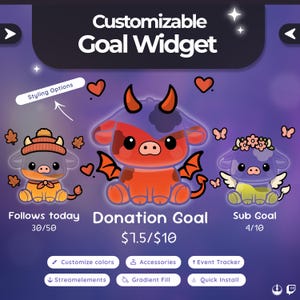 May include: A digital graphic featuring three cartoon cow characters with different designs. The text reads "Customizable Goal Widget" and includes options for customization, accessories, and event tracking. The image also displays progress bars and goal amounts.