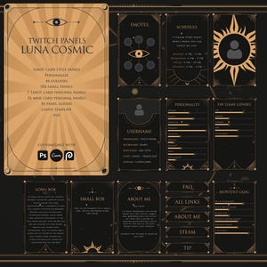 Paneles de Twitch de Luna Cósmica: totalmente personalizables, estilo cartas del Tarot en dorado y negro, controles deslizantes, Canva, Photopea