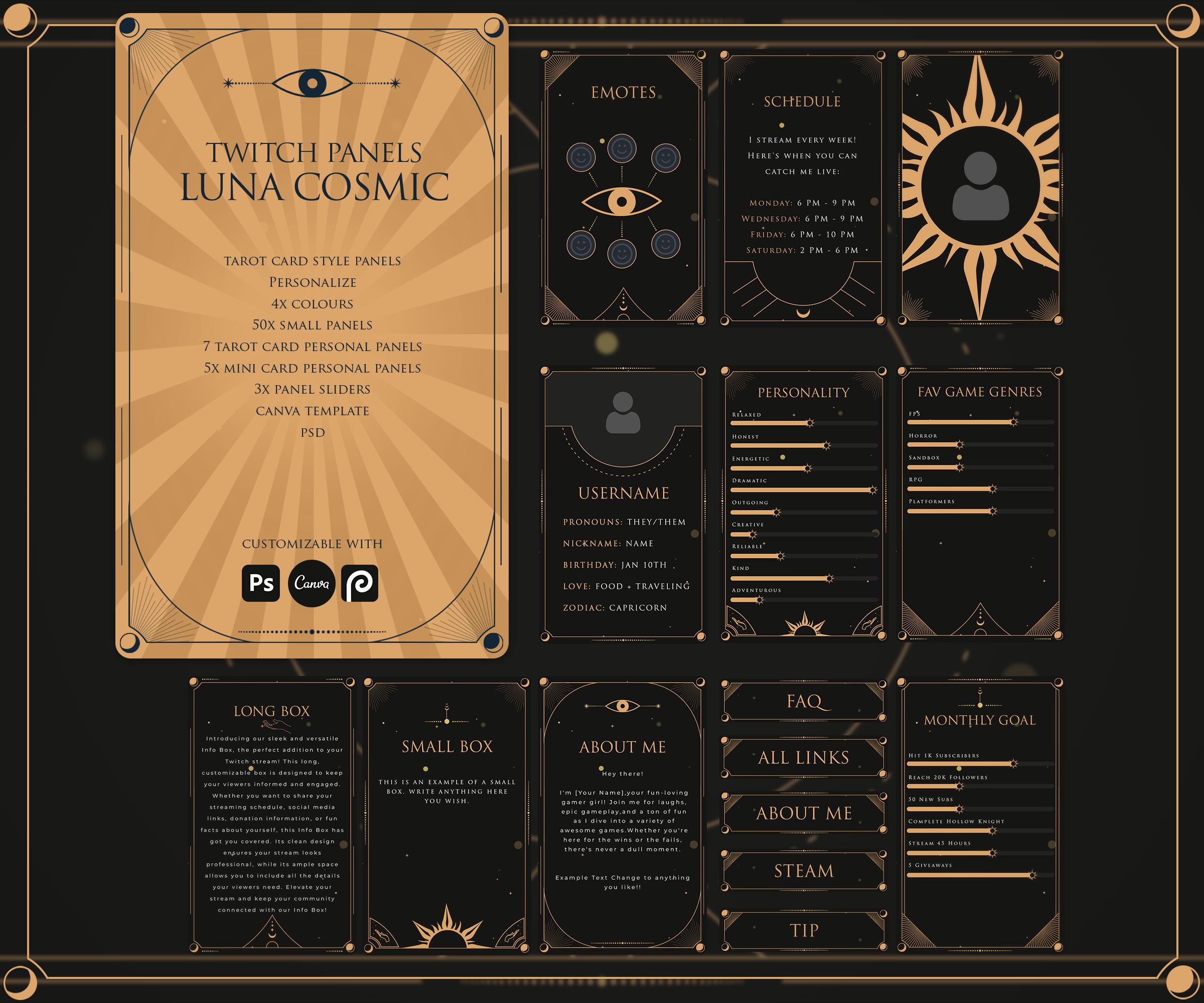 Luna cosmic Twitch Panels - Fully Customizable, Gold Black Tarot cards style Stream Panels, Sliders, Canva,Photopea