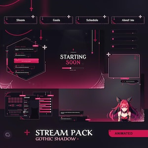 Peut inclure: Pack de diffusion Twitch animé avec un thème gothique ombragé. Le pack comprend un écran de démarrage, une boîte de chat, un panneau de dons et un panneau d'horaire. Le design présente un schéma de couleurs noir et rose avec des croix gothiques et des toiles d'araignées.