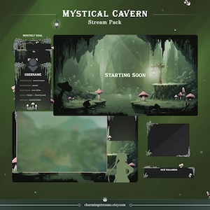 Pacote de fluxo de caverna mística para TWITCH | Cogumelo mágico, encantado, cogumelo brilhante, natureza fantástica, verde, sobreposição animada