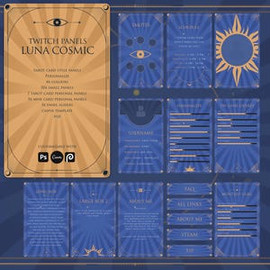 Paneles de Twitch Luna Cósmica: Totalmente personalizables, estilo cartas del Tarot con remolino azul claro, paneles de transmisión, deslizadores, Canva, Photopea