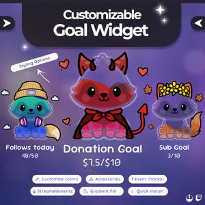 May include: A digital graphic promoting a customizable goal widget. The image features three cartoon fox characters with different accessories and text that reads "Follows today 48/50", "Donation Goal $7.5/$10", and "Sub Goal 3/10". Additional text includes "Customize colors" and "Accessories".
