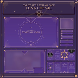 Paquete de transmisión cósmica de Luna para Twitch / Cartas del tarot, superposición de Twitch, Oro púrpura, Astrología, Celestial, Superposición animada