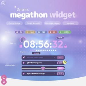 以下が含まれることがあります： 紫と白のデジタルインターフェースで、「Dynamic megathon widget」と表示されています。タイマー、プログレスバー、ゲームまたはアクティビティのマイルストーンがあります。インターフェースには、さまざまな統計とオプションが含まれています。