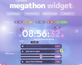 Megathon Subathon Widget for Twitch & StreamElements | Dynamic Modular Timer, Milestone Goals, Progress Bar, Ko-fi