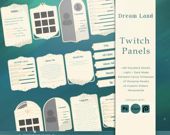 Dream Land Twitch Panels - Fully Customizable,Light Day Mode style Stream Panels, Sliders, Canva,Photopea, Green Anime
