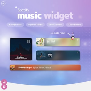 May include: A digital graphic displaying a Spotify music widget with album art and song titles. The design includes the text "Spotify music widget," and options for widget sizes, dynamic themes, emote reactions, and customisation. Album art includes "Punisher" by Phoebe Bridgers, "Luv (sic)" by Nujabes, "SOS" by SZA, and "Flower Boy" by Tyler, The Creator.