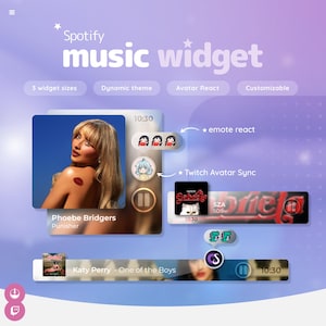 Puede incluir: Un widget de música digital de Spotify con un fondo morado y blanco. El widget muestra portadas de álbumes, títulos de artistas y canciones, y controles de reproducción. Incluye reacciones de emoticonos, sincronización de avatar de Twitch y opciones personalizables.