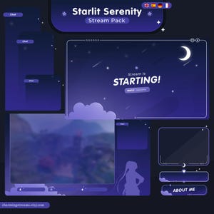 Starlit Serenity - Purple Stream Pack, Ästhetischer Stern Mond Themed Twitch Overlay. Vtuber Stream, Niedlich Animiert. Mehrsprachig