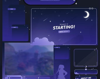 May include: Purple and white Twitch stream overlay with a night sky theme. The overlay includes a chat box, a starting soon screen, a webcam frame, and a panel with the text "About Me".