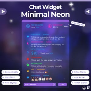 Puede incluir: Interfaz digital para un widget de chat con un diseño neón minimalista. La interfaz presenta una combinación de colores púrpura y azul, con texto e iconos. El texto incluye "Chat Widget Minimal Neon" y varios elementos de chat.
