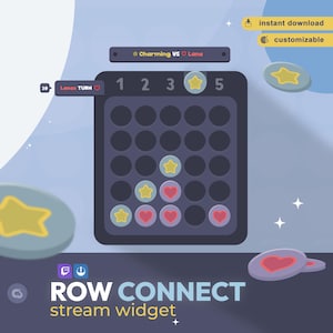 Peut inclure: Graphique numérique pour un widget de flux, avec une grille et des icônes d'étoiles et de cœurs. Le texte "ROW CONNECT stream widget" est affiché, ainsi que "Charming VS Lane" et "Lanes TURN". Comprend les mentions "téléchargement instantané" et "personnalisable".