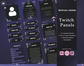 Mystical cavern Twitch Panels, Customizable, Sliders | Magical Mushroom,  Enchanted , Glow Mushroom, Stream Panels, Purple, Canva, Photopea