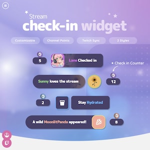 May include: A digital graphic for a stream check-in widget, with options for customisation, channel points, and Twitch sync. The design features text and icons, in a purple and white colour scheme. Text includes "Stream check-in widget", "Lane Checked in", and "Stay Hydrated".