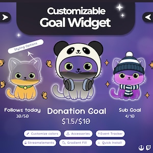 May include: A digital graphic featuring three cartoon cats with different accessories. The text reads "Customizable Goal Widget". The cats represent different goals: follows, donations, and subs. Additional text includes "Customize colors" and "Quick Install".