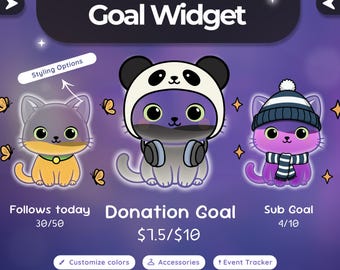 Cat Goal Widget - Twitch & StreamElements Overlay Customizable Accessories, Liquid Fill Tracker
