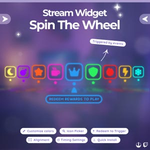 Könnte beinhalten: Eine digitale Oberfläche mit dem Text "Stream Widget Spin The Wheel". Es zeigt eine Reihe farbenfroher Symbole, darunter ein Mond, ein Stern und eine Krone. Der Satz "Redeem Rewards to Play" wird darunter angezeigt.