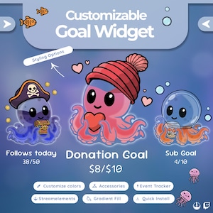 May include: A digital graphic featuring three cartoon octopuses representing different goals. The text reads "Customizable Goal Widget." The octopuses are blue, pink, and orange, with text indicating "Follows today," "Donation Goal," and "Sub Goal."