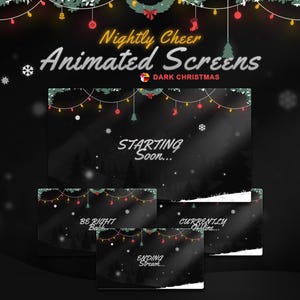 Może przedstawiać: Animowane ekrany do streamingu z ciemnym motywem świątecznym. Ekrany przedstawiają scenę śnieżnego lasu z migocącymi światełkami i tekstem "Wkrótce...", "Zaraz wracam", "Koniec streamu..." i "Obecnie niedostępny..."