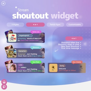 May include: A digital graphic promoting a "Stream Shoutout Widget" with various features. The image showcases different styles, including "4 in 1" options, Twitch sync, and customization. Examples of shoutout messages are displayed with user profiles and stream details.
