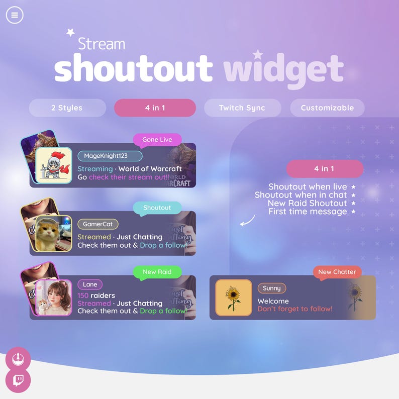 May include: A digital graphic promoting a "Stream Shoutout Widget" with various features. The image showcases different styles, including "4 in 1" options, Twitch sync, and customization. Examples of shoutout messages are displayed with user profiles and stream details.