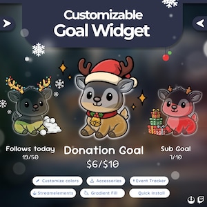 Könnte beinhalten: Ein digitales Grafikdesign mit drei Cartoon-Hirschen mit festlichen Dekorationen. Der Text "Customizable Goal Widget" steht oben. Darunter zeigt das Bild die Metriken "Follows today", "Donation Goal" und "Sub Goal". Zusätzliche Symbole und Text unten.