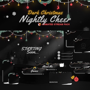 Può includere: Pacchetto di streaming animato per Twitch o YouTube con un tema natalizio scuro. Il pacchetto include una schermata di avvio, un pannello su di me, un pannello di giochi, un pannello di decorazioni e avvisi di chat. Il design presenta una scena di foresta innevata con luci natalizie e ornamenti.