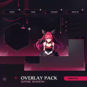 May include: Animated Twitch overlay pack with a gothic theme. The overlay features a dark background with a spiderweb pattern, a red cross, and a female anime character with red hair and a black dress. The overlay also includes text boxes for the streamer's name, goals, schedule, and about me.
